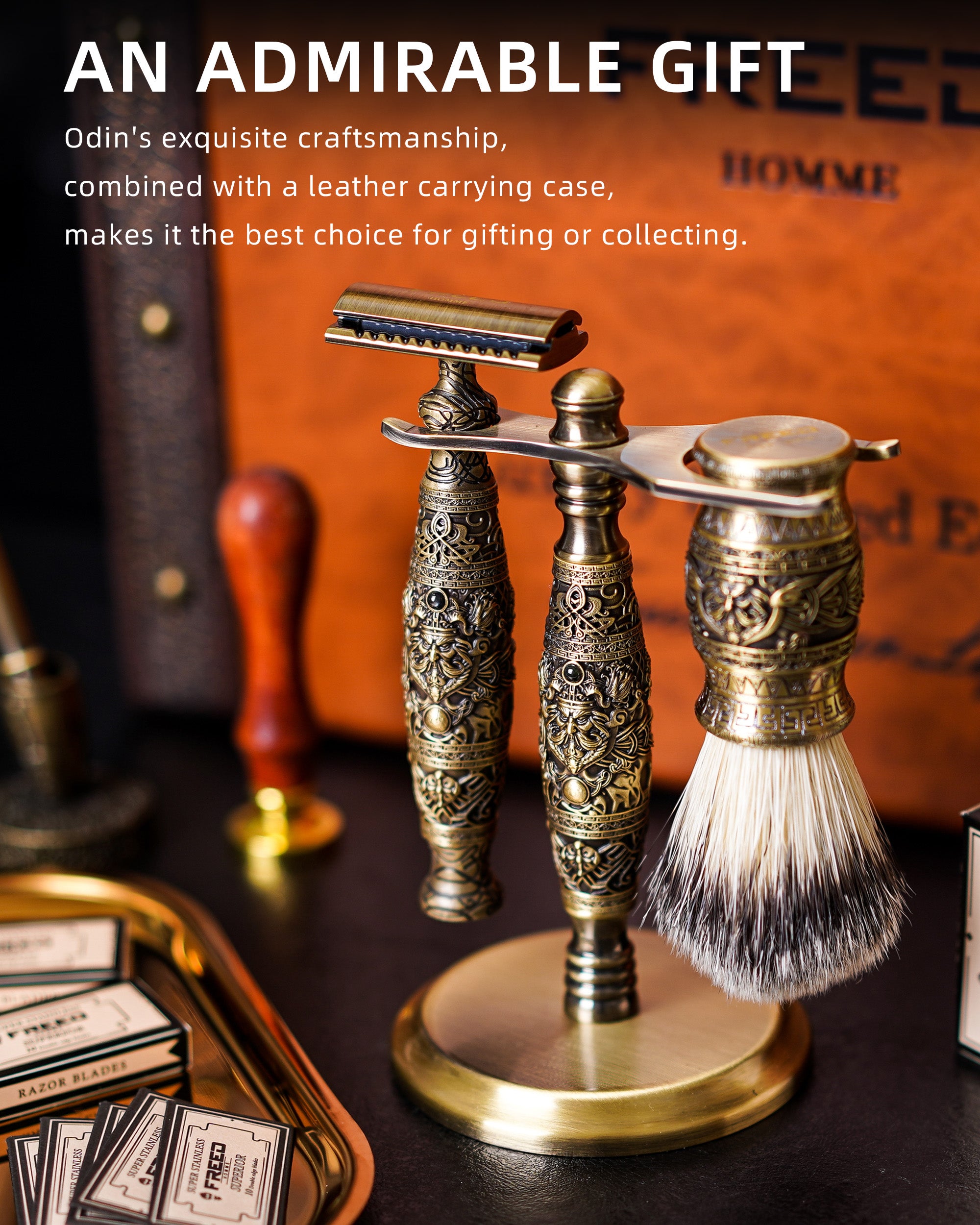 Odin：Double Edge Safety Razor,The Ultimate Tool with a Unique Design,Exquisite Engravings with Natural Blue Sapphires,Perfectly engraved handle using etching techniquehandle for the Best Grip.the pinnacle of craftsmanship,men gift set