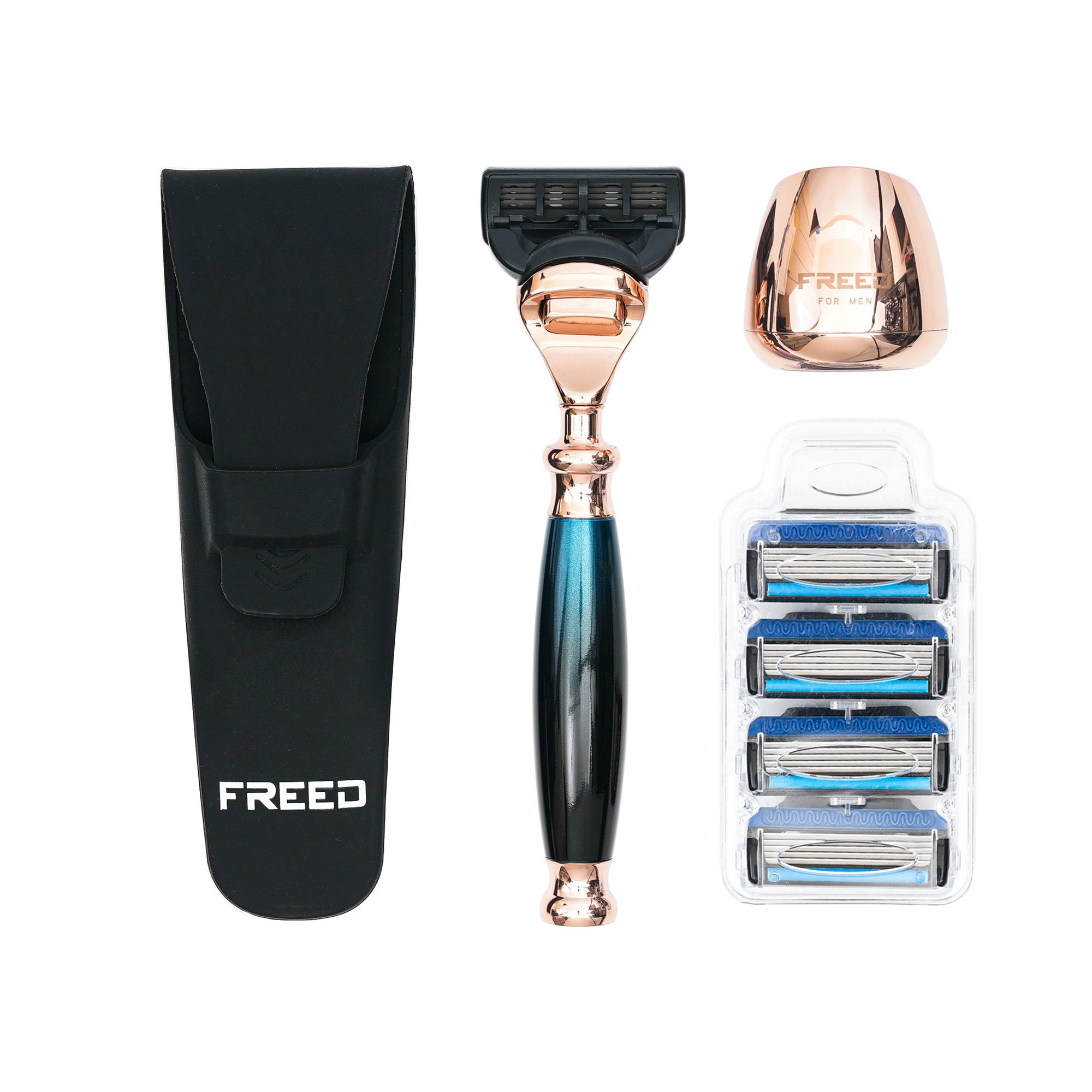 FREED ROSE GOLD Five-Blade Safety Razor Four Pieces Travel Set - Galaxy Blue