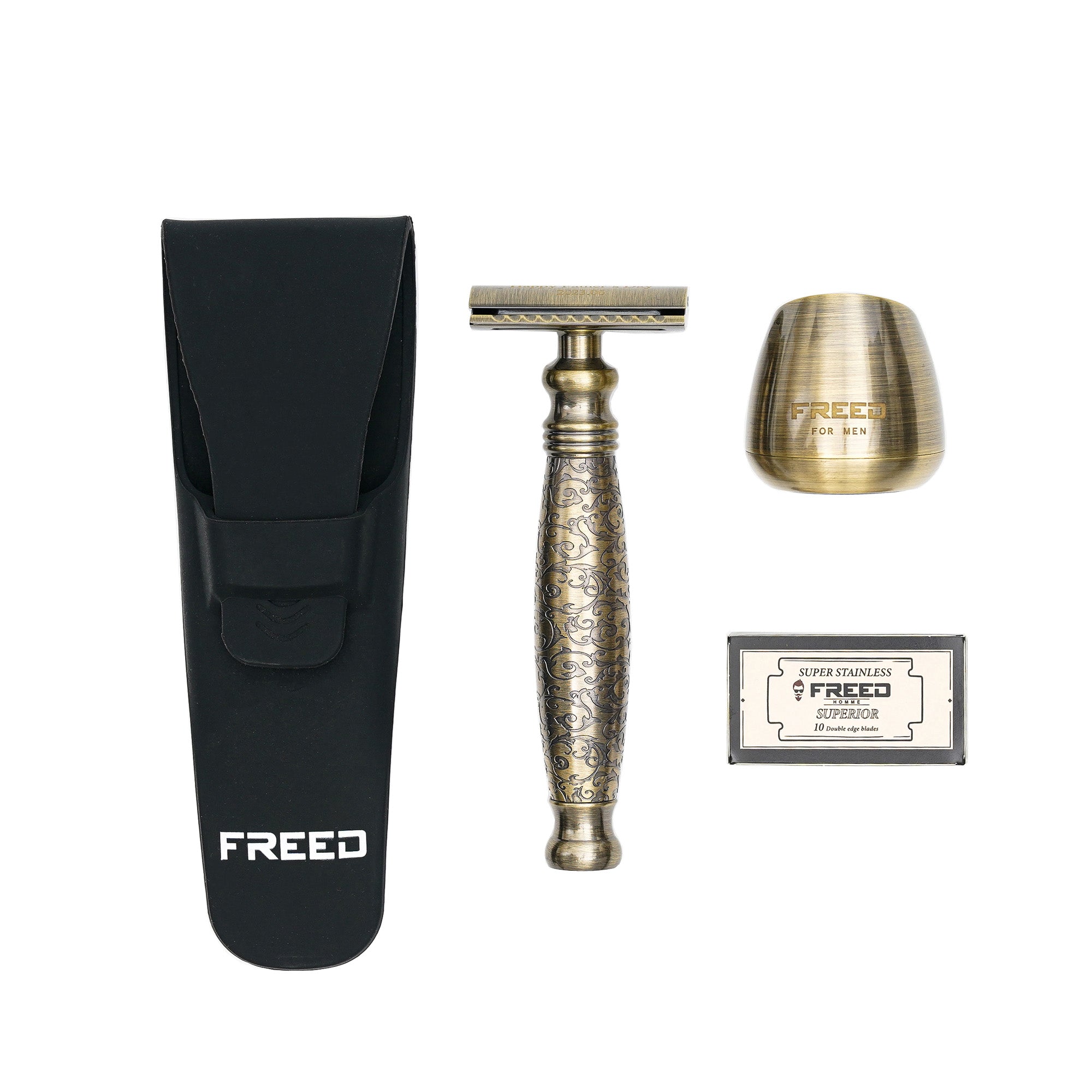 FREED TRAVEL FOUR-PIECE SAFETY RAZOR GIFT SET - bronze relief