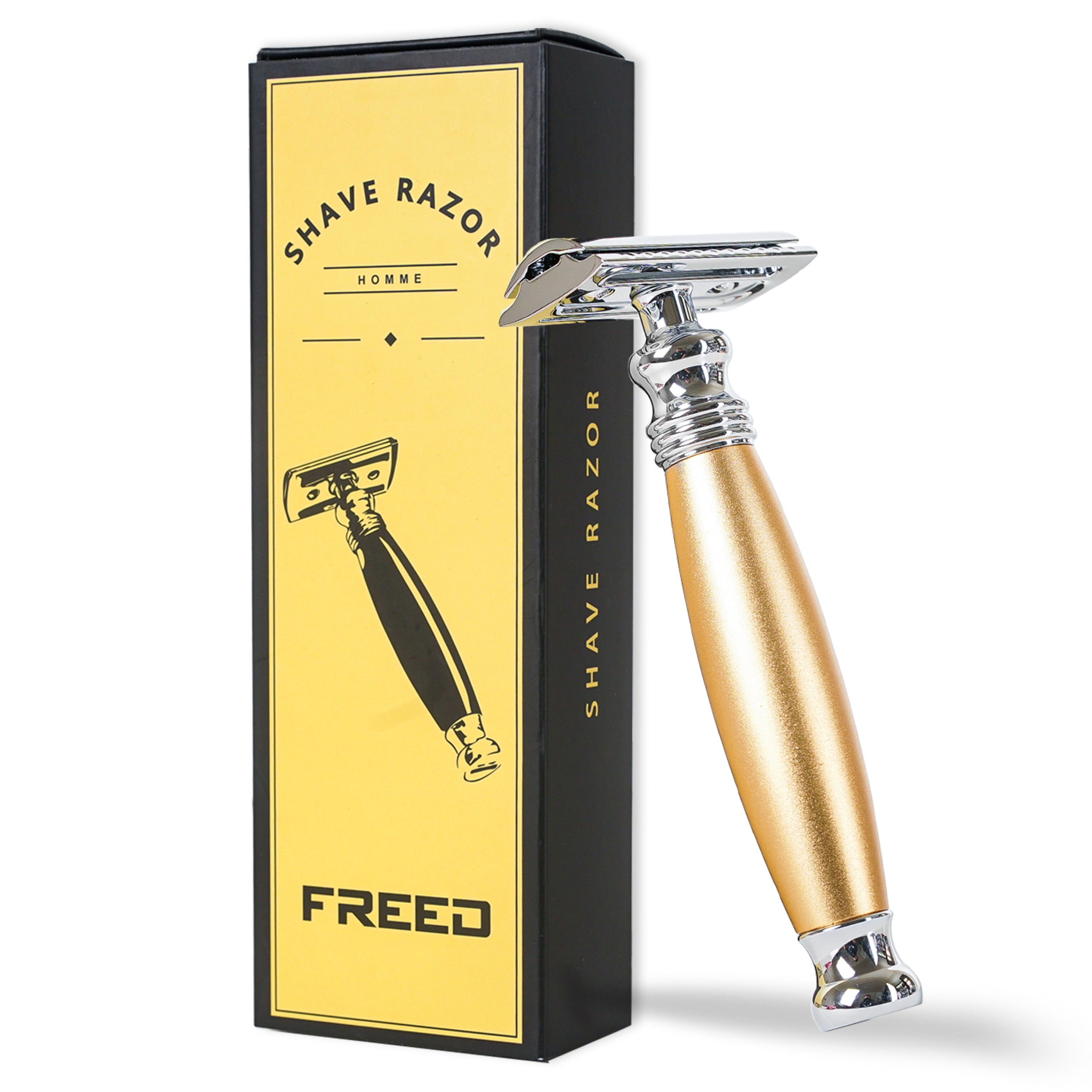 FREED Double Edge Safety Razor Single Handle with a Box of 10 Blade - GOLD