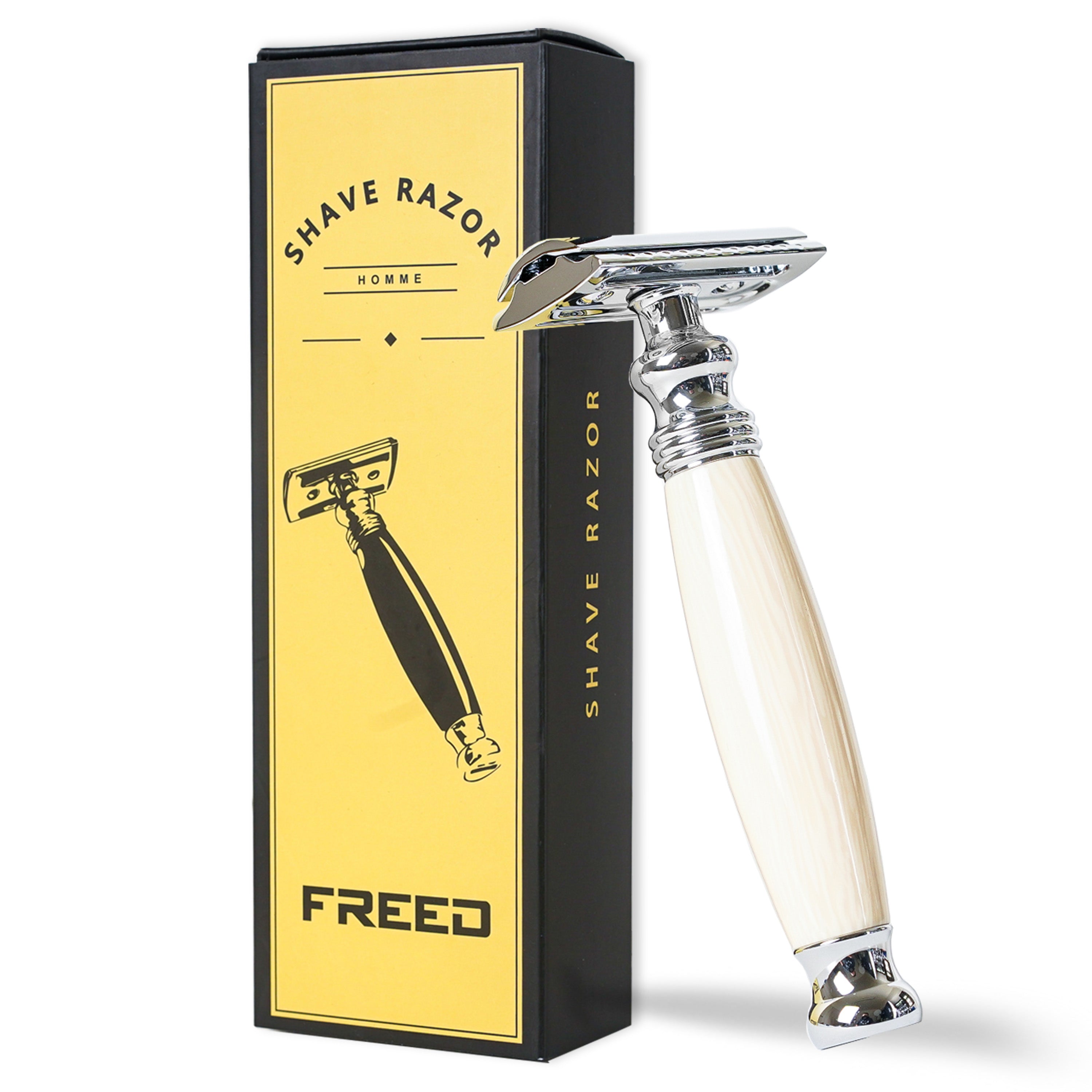 FREED Double Edge Safety Razor Single Handle with a Box of 10 Blades-  Ivory White