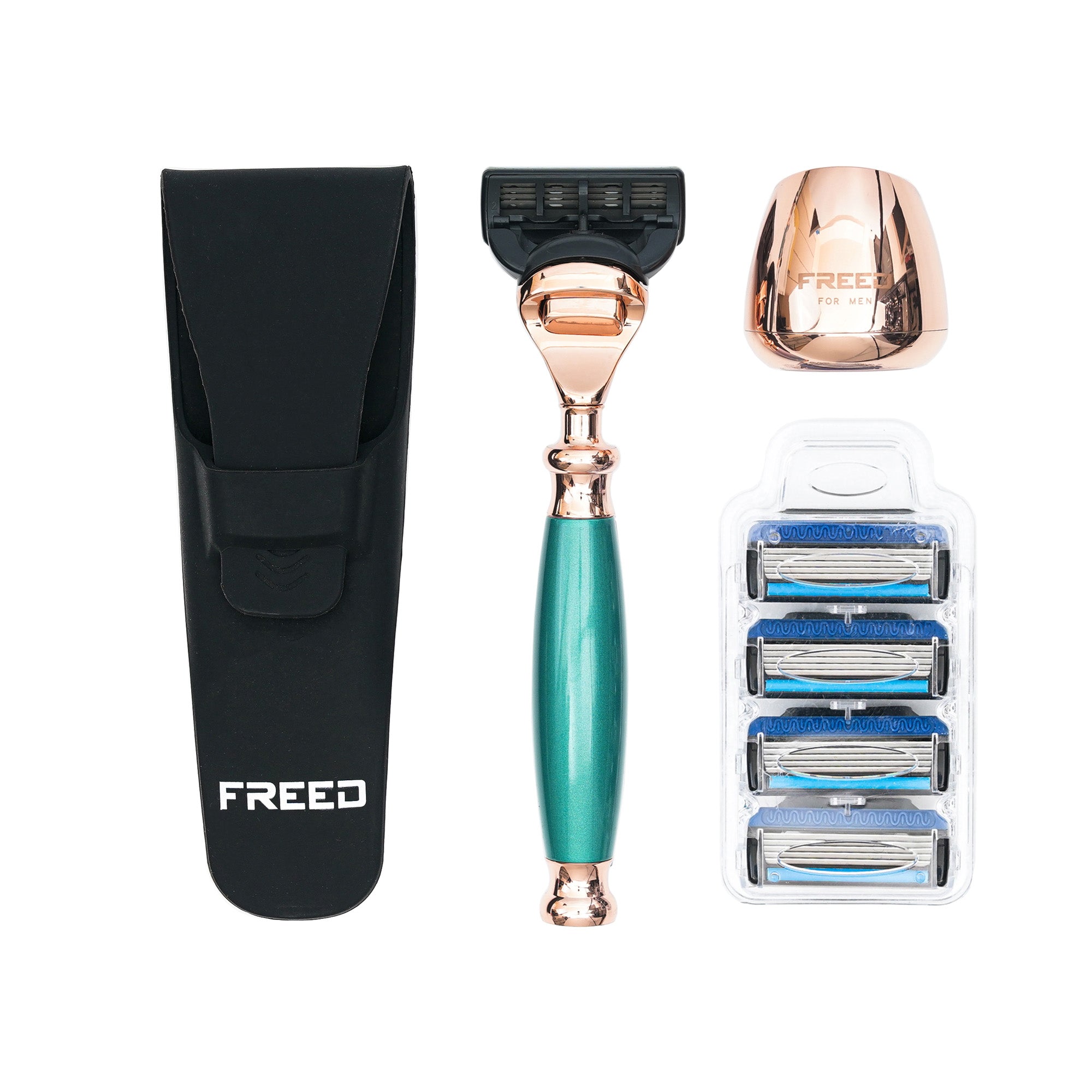 FREED ROSE GOLD Five-Blade Safety Razor Four Pieces Travel Set - Lake Green