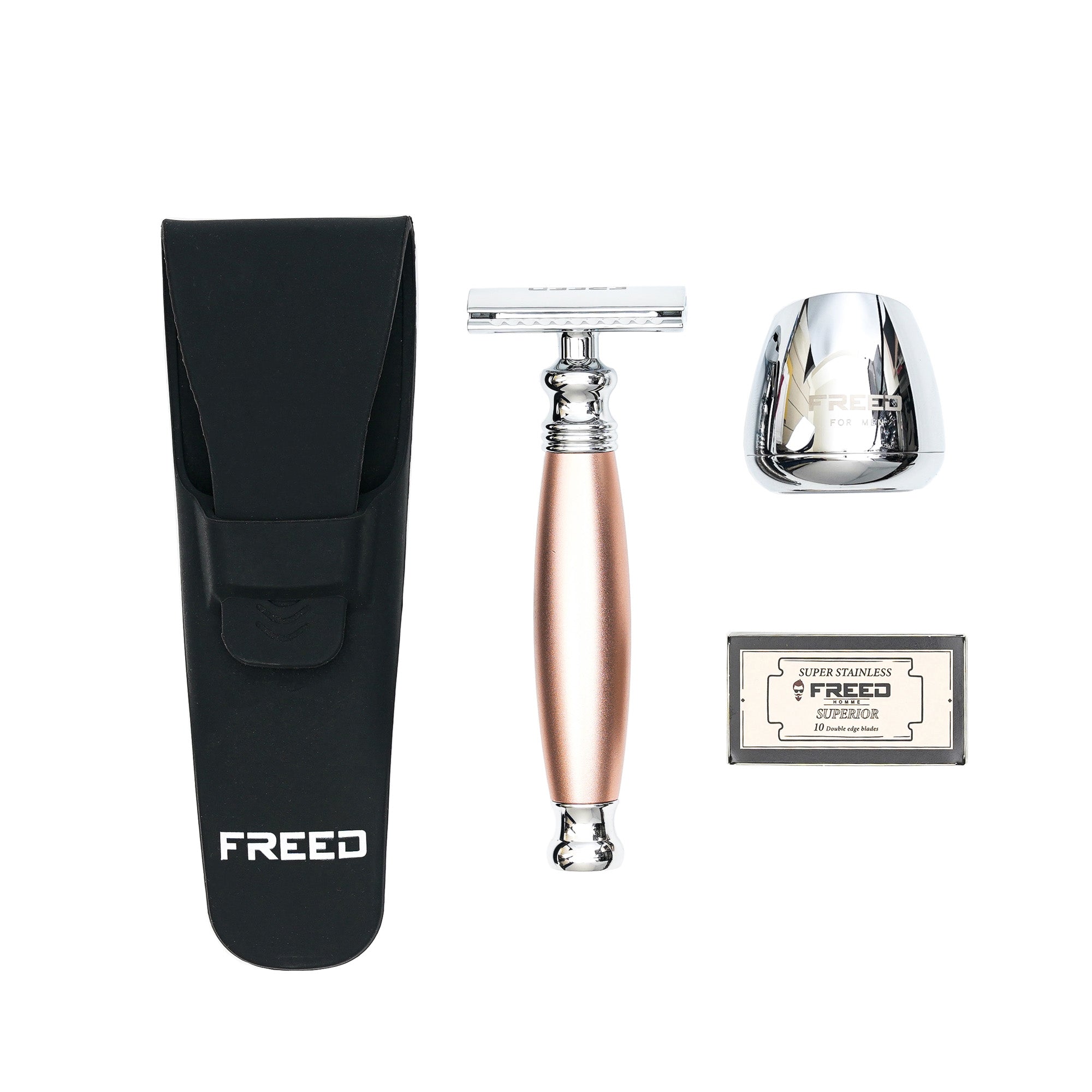 FREED TRAVEL FOUR-PIECE SAFETY RAZOR GIFT SET - Gold rose