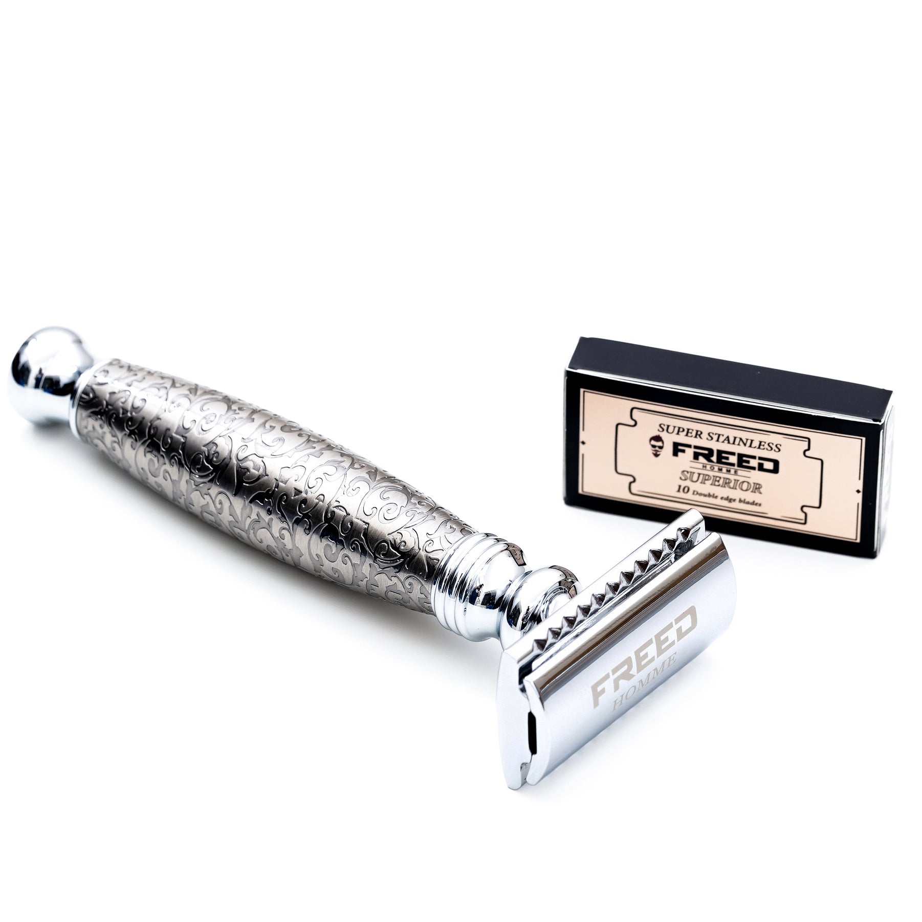 FRED Vintage Hand Engraved Double Edge Safety Razor with a box of 10 blades