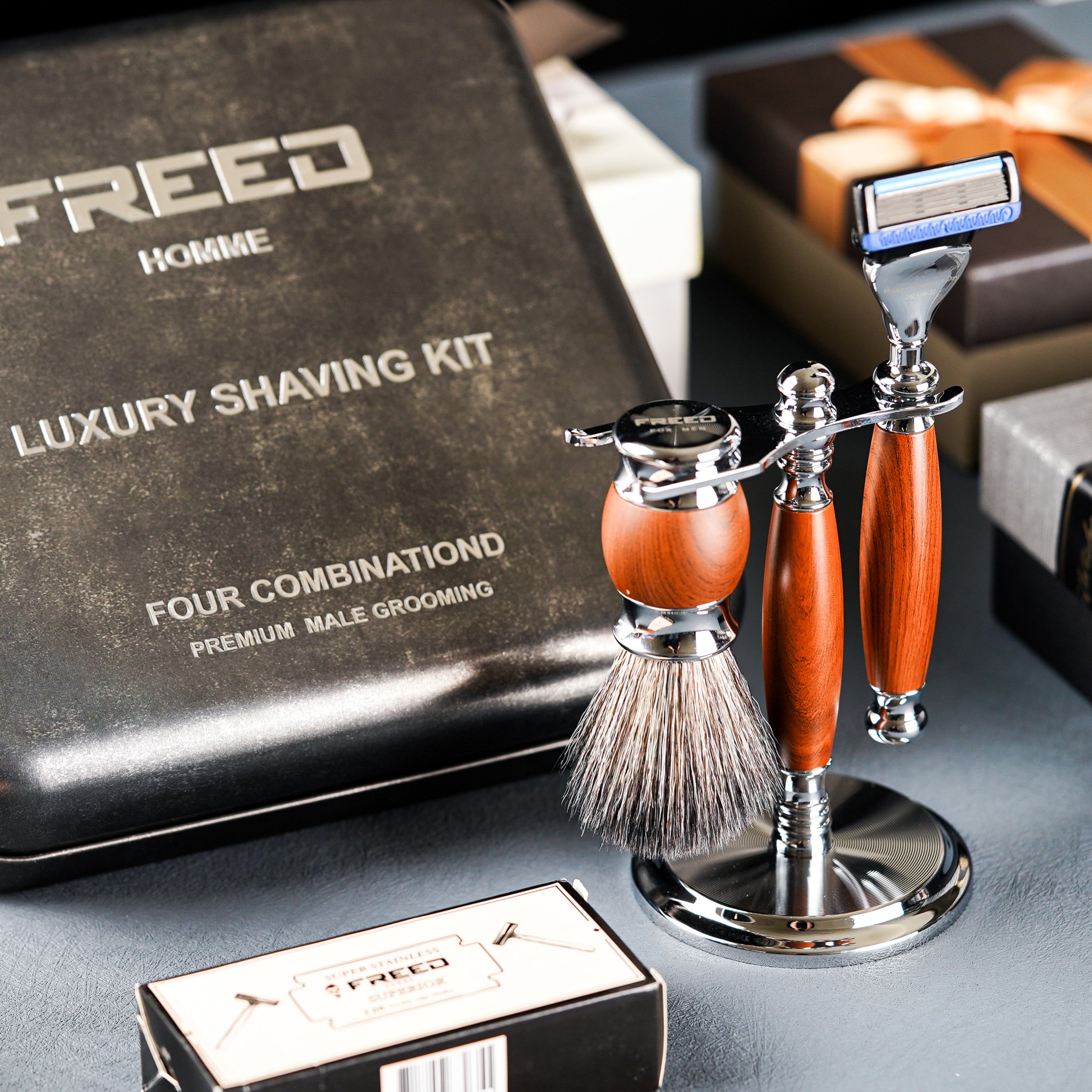 FREED 5-blade safety razor LUXURY  FOUR-PIECE SHAVING SET FOR MEN - NUTBROWN