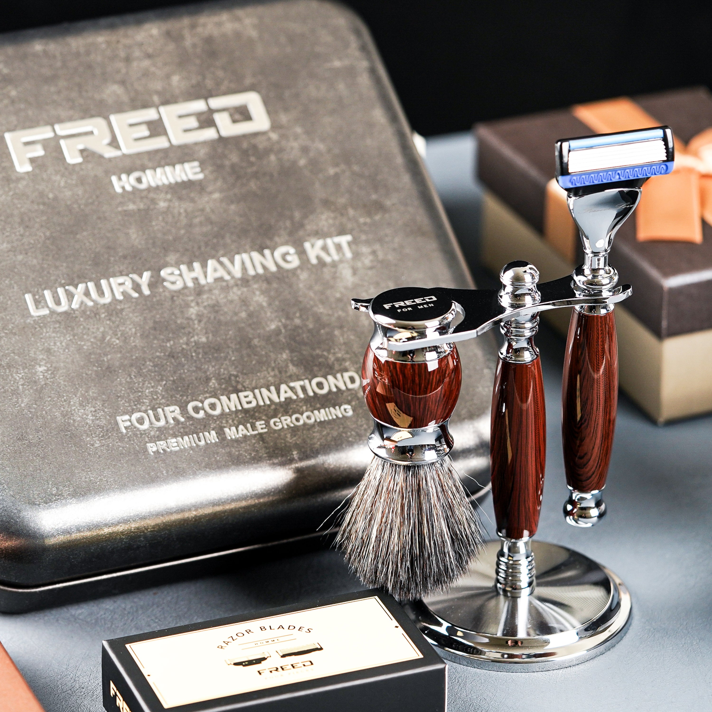 FREED 5-blade safety razor LUXURY  FOUR-PIECE SHAVING SET FOR MEN - PURPLEBROWN