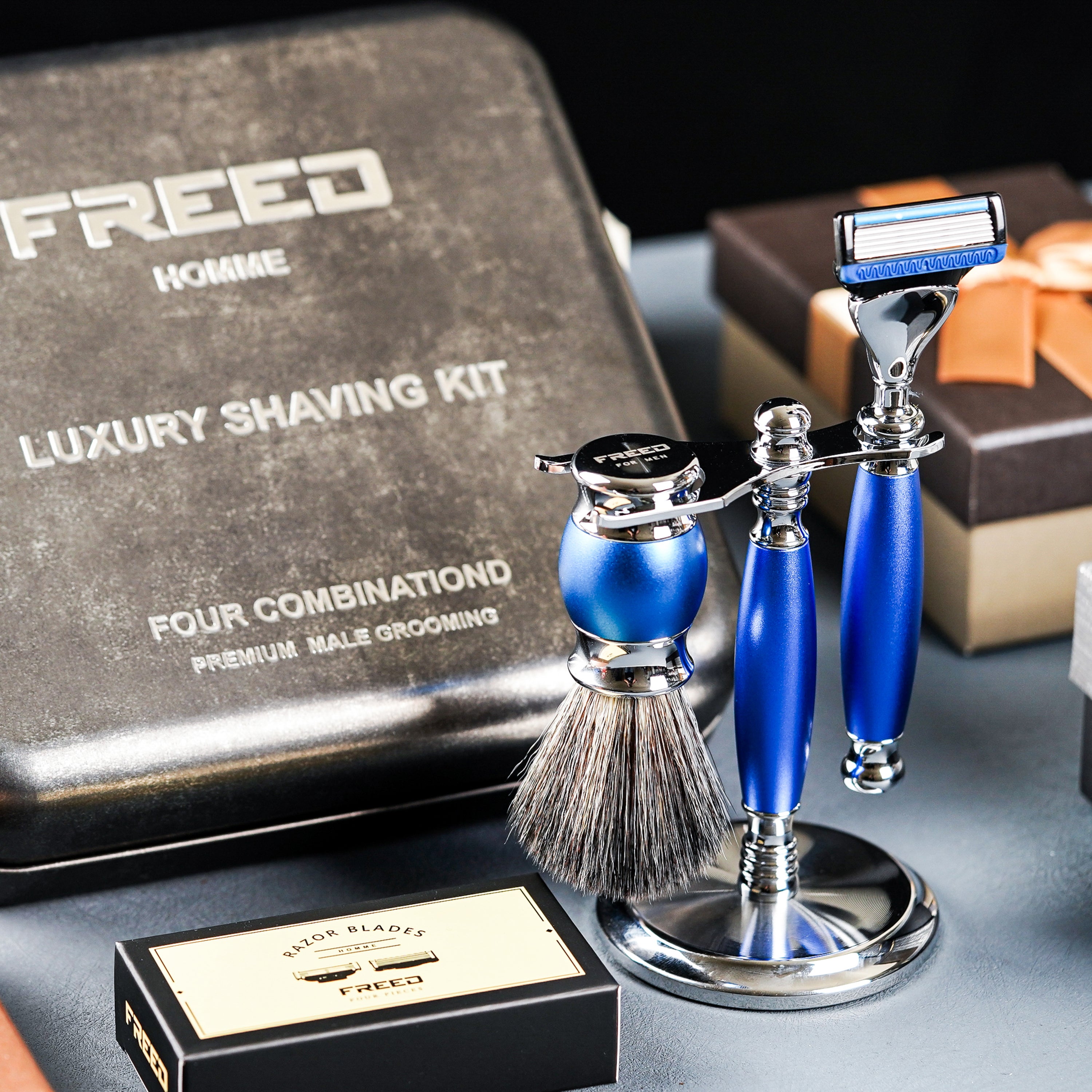 FREED 5-blade safety razor LUXURY  FOUR-PIECE SHAVING SET FOR MEN - Blue