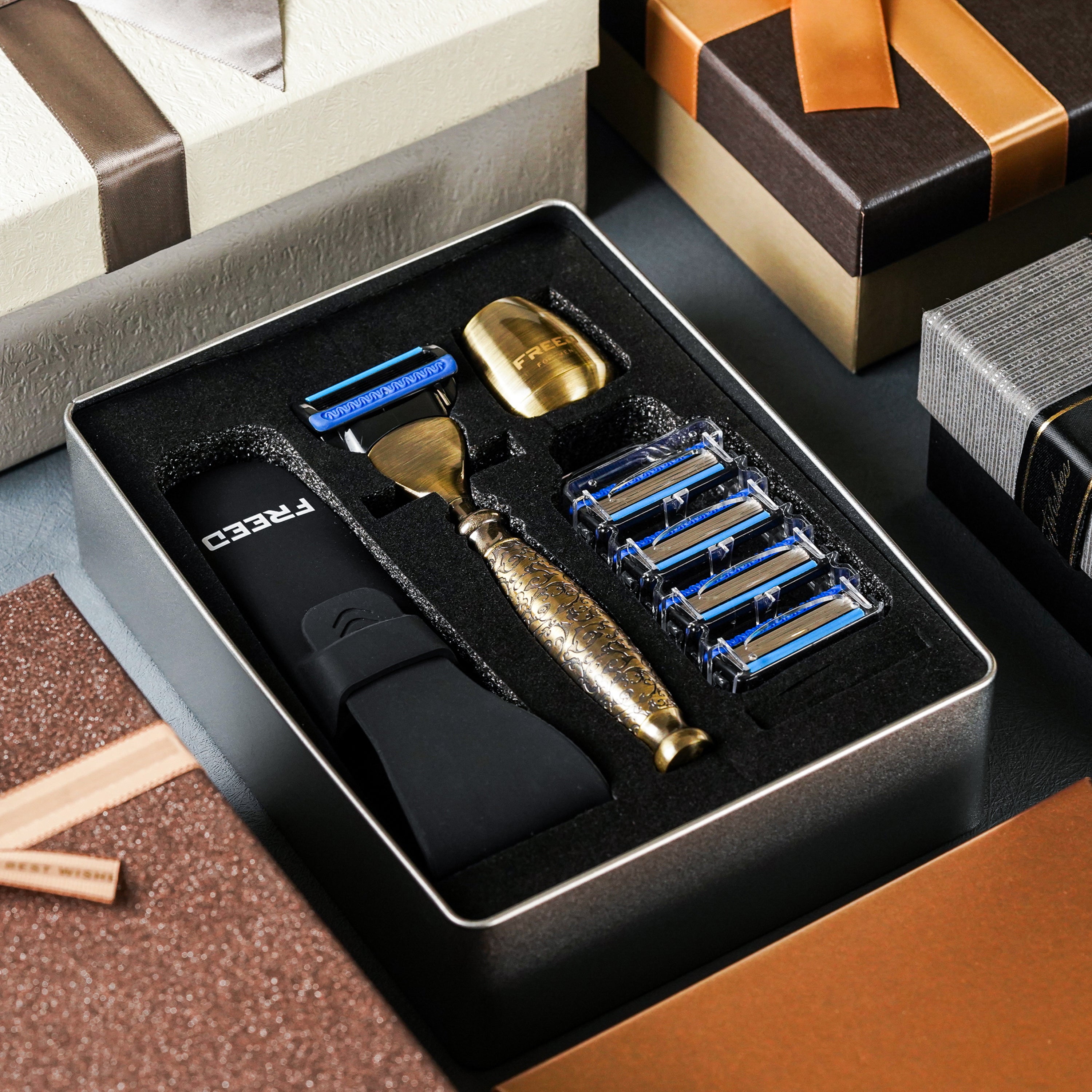 FREED Etching series Five-Blade Safety Razor Four Pieces Travel Set - Bronze