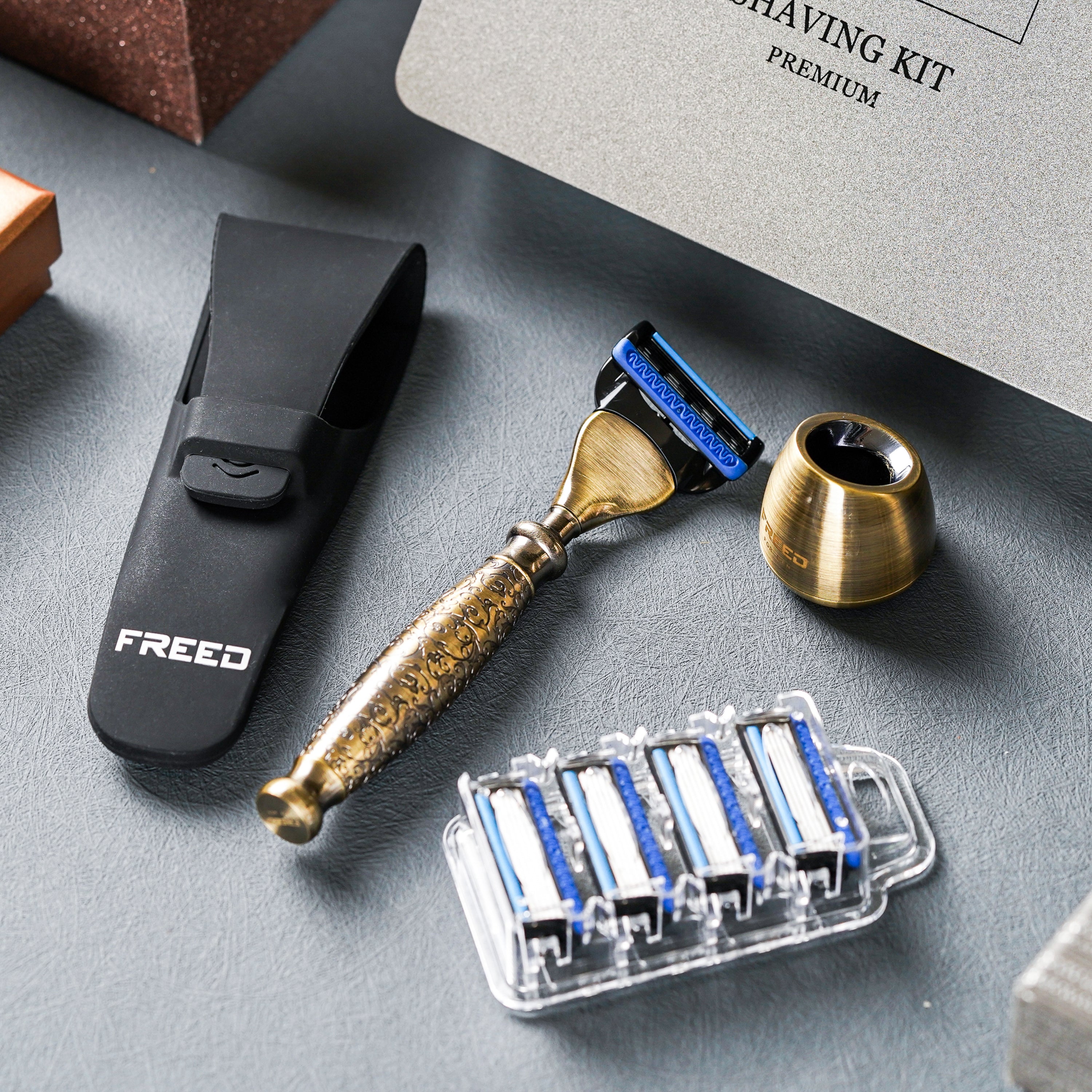 FREED Etching series Five-Blade Safety Razor Four Pieces Travel Set - Bronze