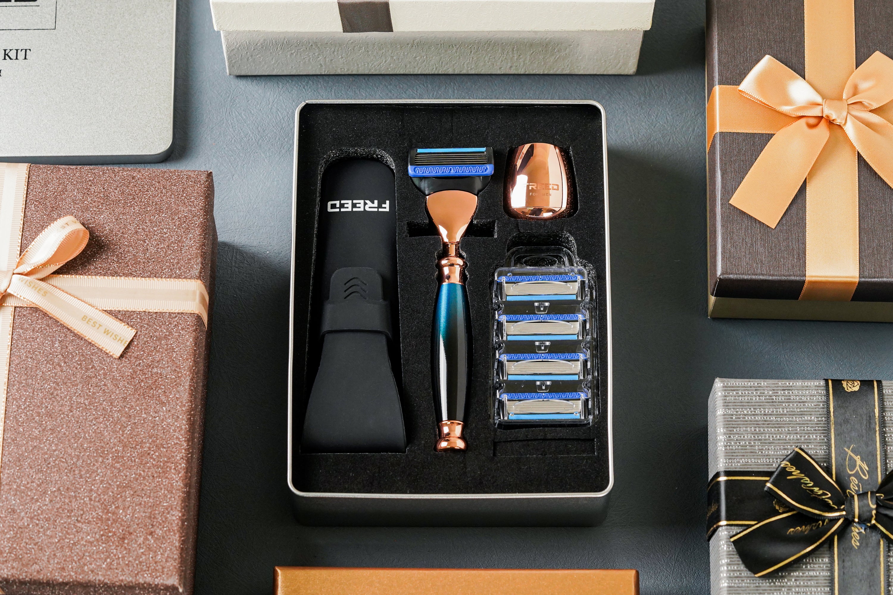 FREED ROSE GOLD Five-Blade Safety Razor Four Pieces Travel Set - Galaxy Blue