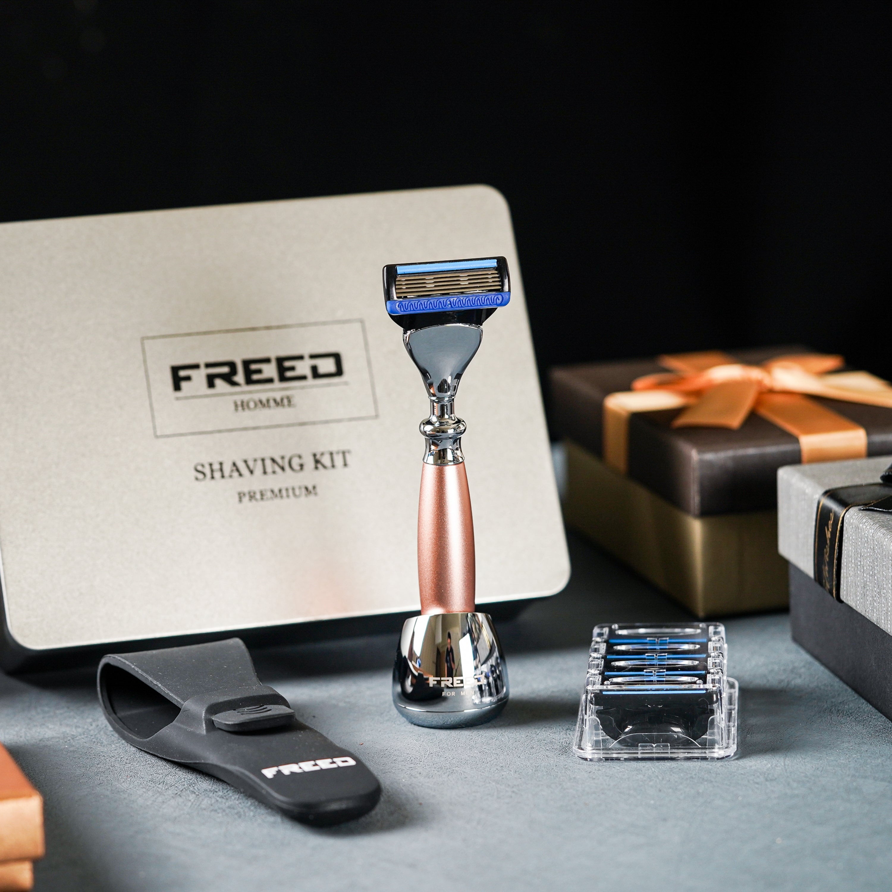 FREED FIVE-BLADE SAFETY RAZOR FOUR PIECES TRAVEL SET - ROSE GOLD