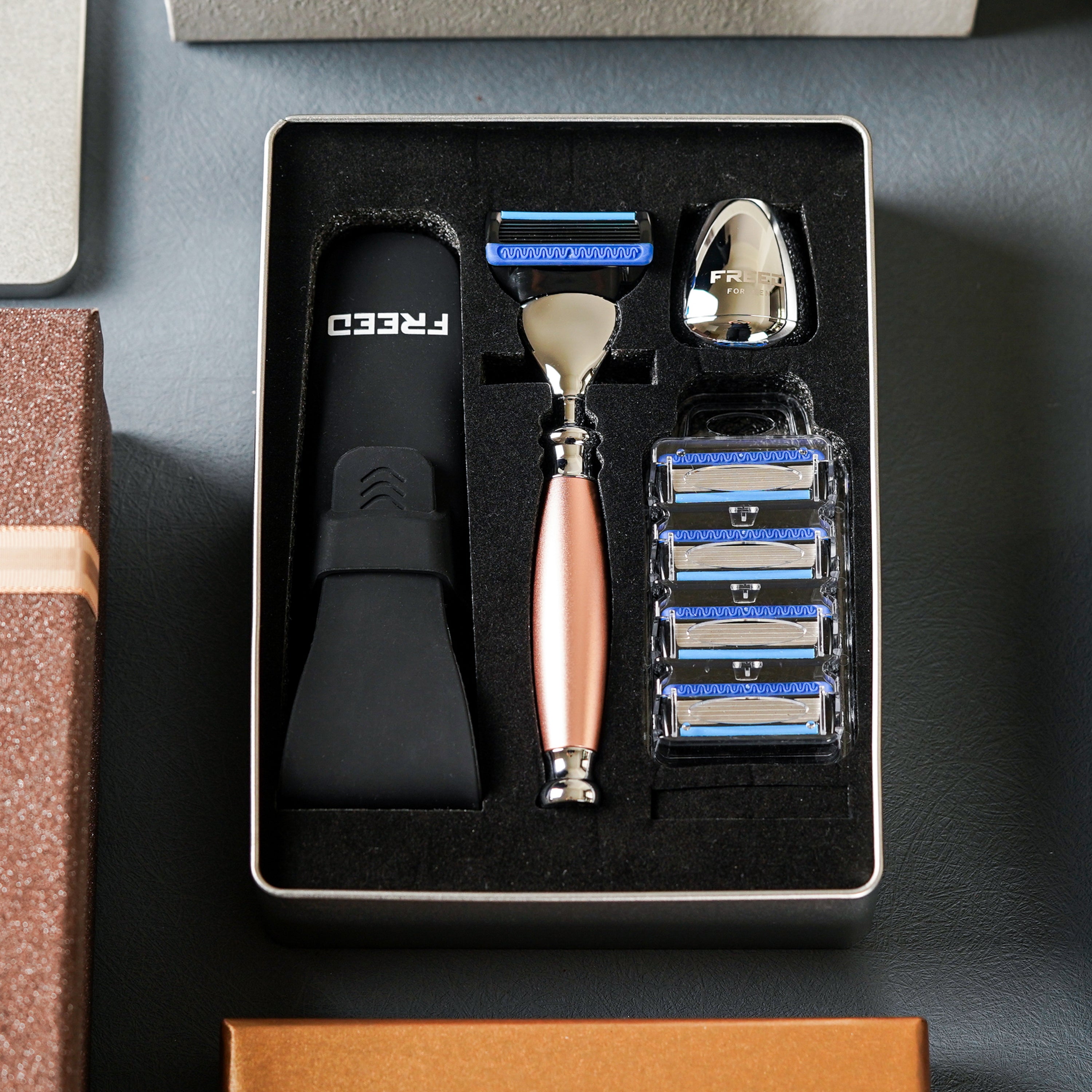 FREED FIVE-BLADE SAFETY RAZOR FOUR PIECES TRAVEL SET - ROSE GOLD