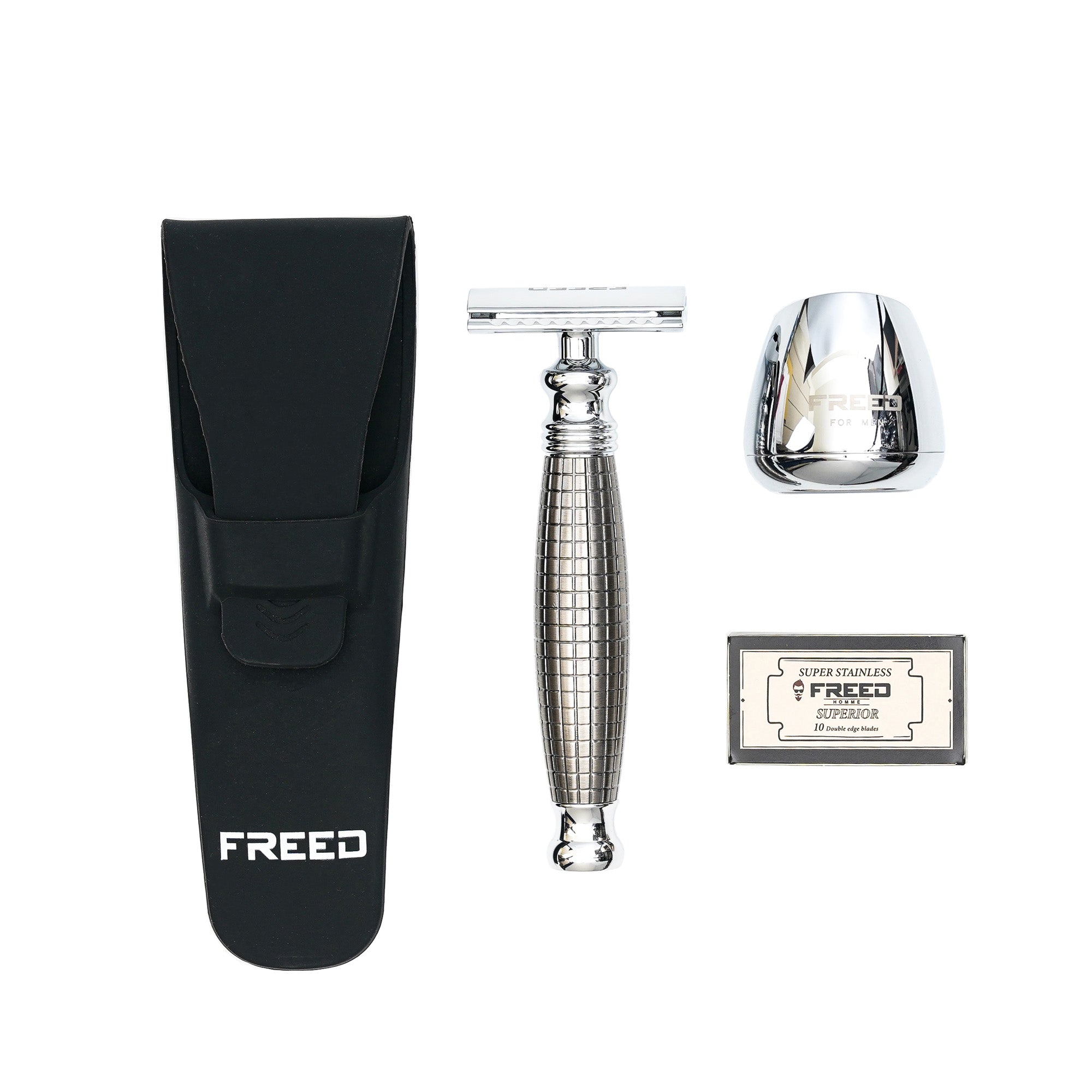 FREED TRAVEL FOUR-PIECE SAFETY RAZOR GIFT SET - relief grenade style