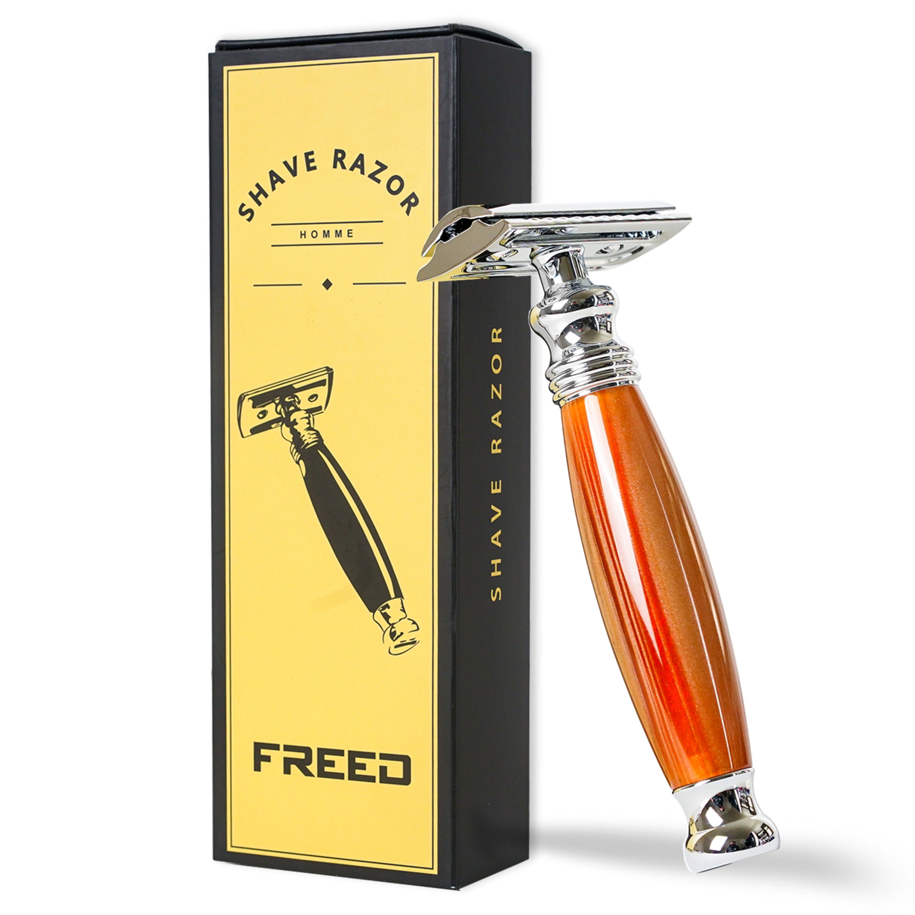 FREED Double Edge Safety Razor Single Handle with a Box of 10 Blade - AMBER