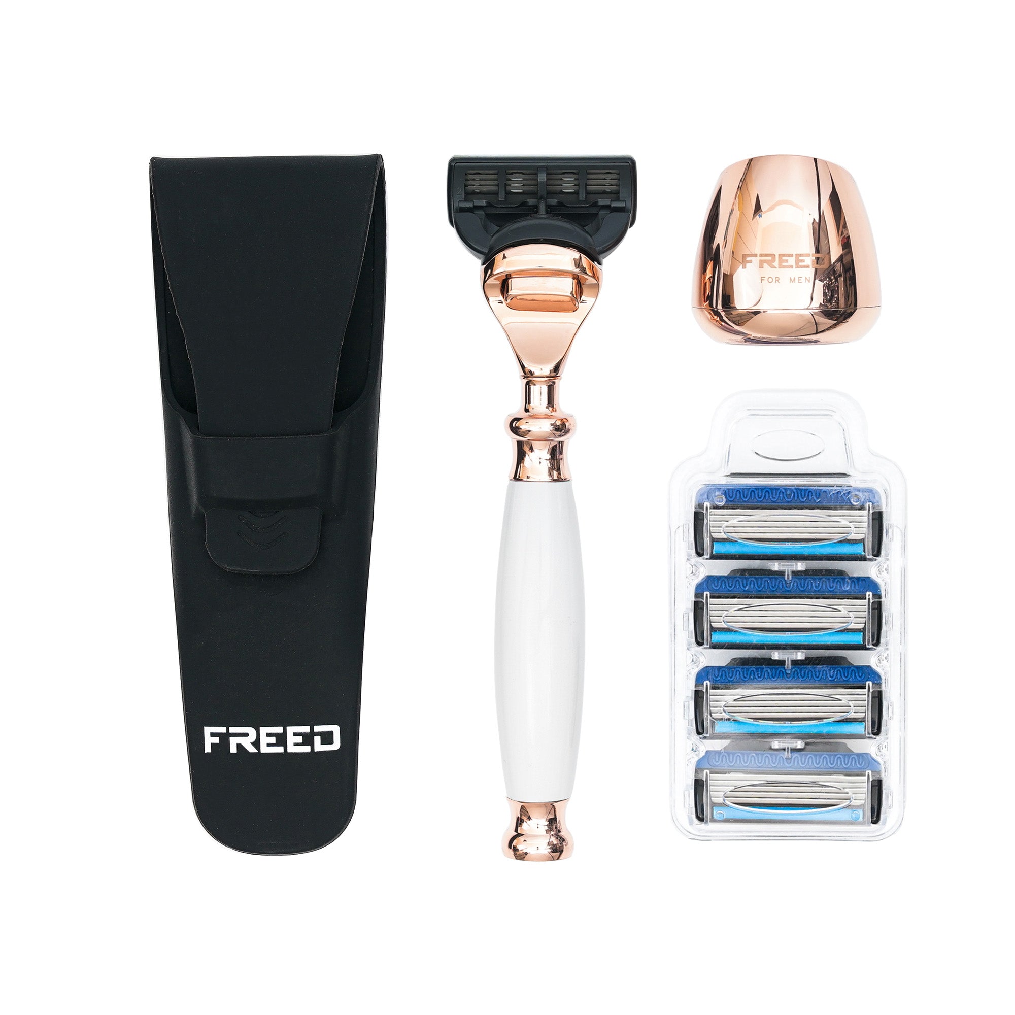 FREED ROSE GOLD Five-Blade Safety Razor Four Pieces Travel Set - pearl White