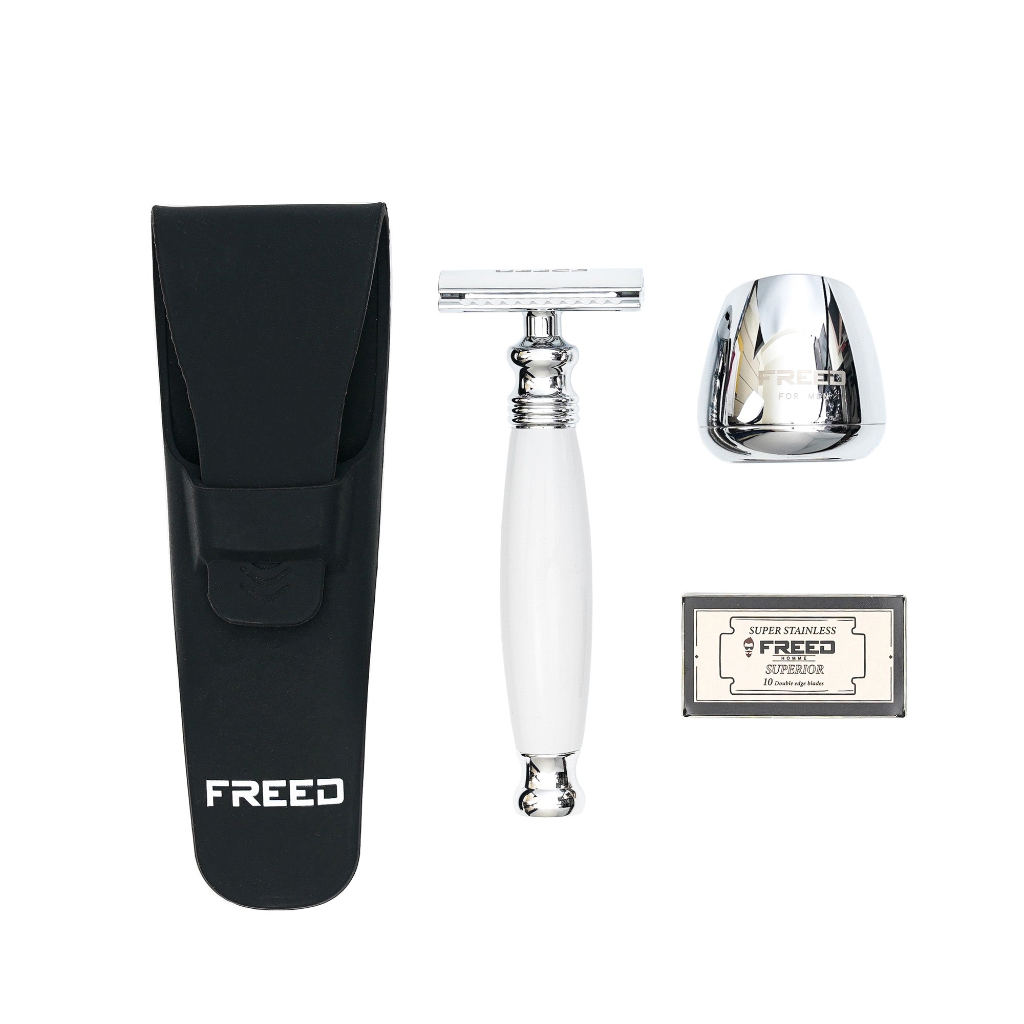 FREED TRAVEL FOUR-PIECE SAFETY RAZOR GIFT SET - pearl White